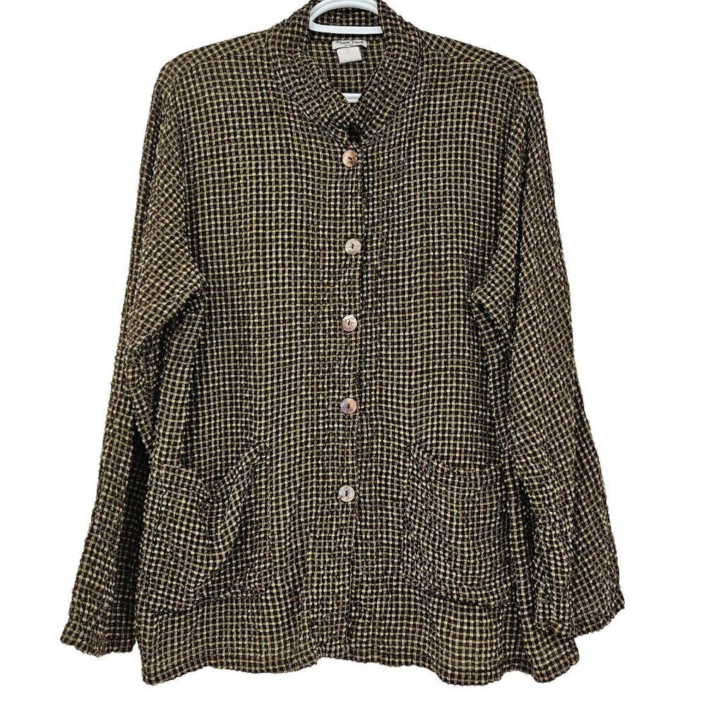 Match Point Seersucker Gingham Plaid Button Up Top Womens Size M Boxy Lagenlook